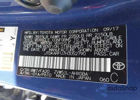 2017 Toyota Prius Three z USA, uszkodzony, nr VIN JTDKARFU7H3052790